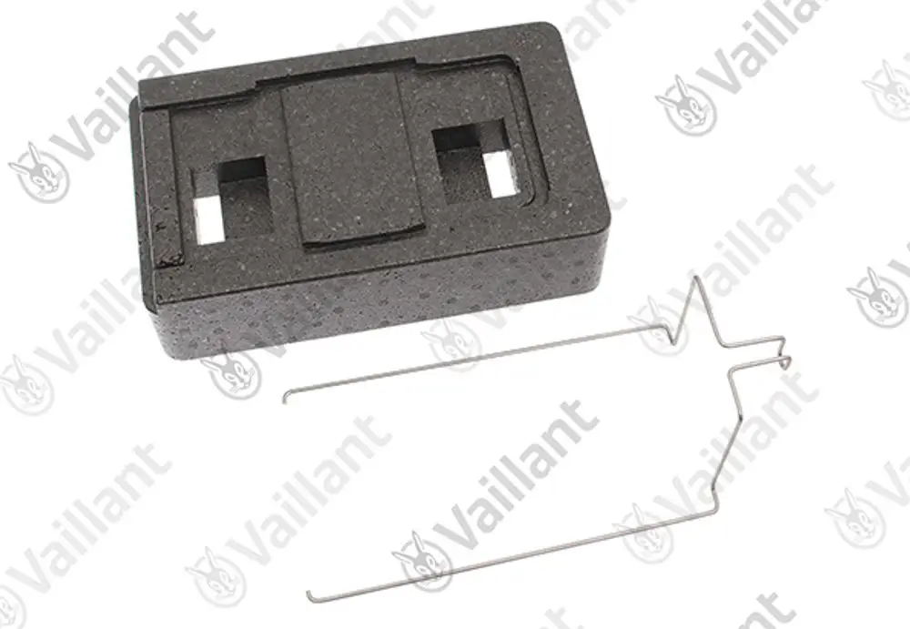 Schwarze Isolierung von Vaillant mit zwei Aussparungen und einem Drahtbügel, flache Form, rechteckig. Ideal für Heizungsinstallation und -isolierung.